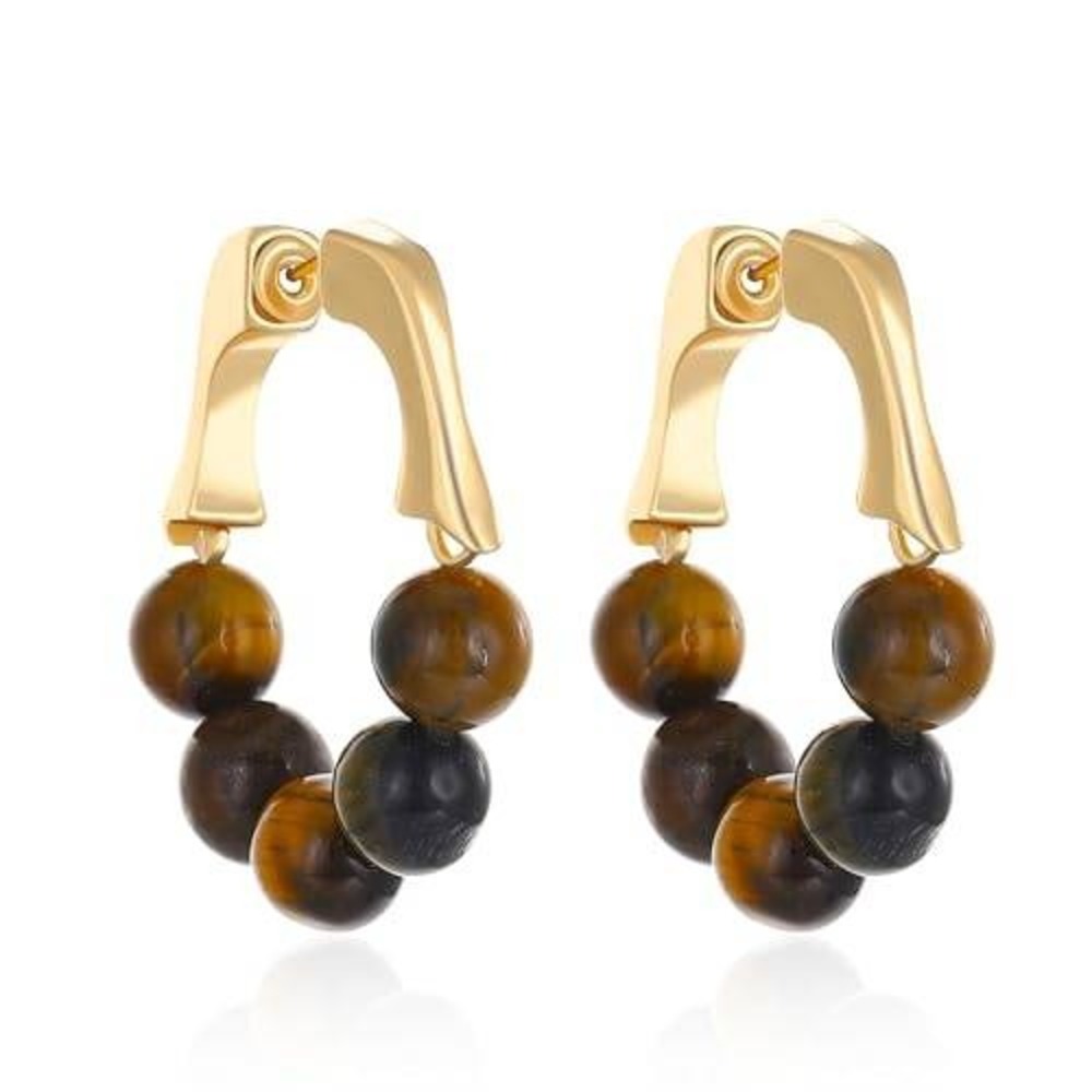 Gold Tone Tiger's Eye Bead Hoop‎ Earrings Geometric Statement Jewelry